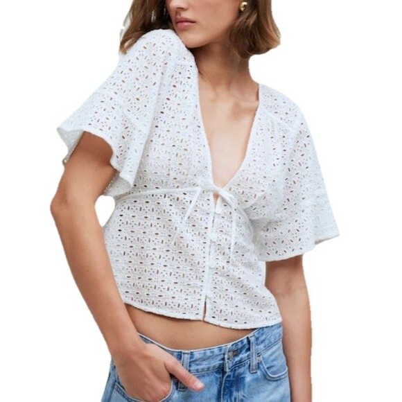 Madewell Tie-Front Top in Eyelet White Size XL Beachy Boho Cotton Vacation - Picture 1 of 9